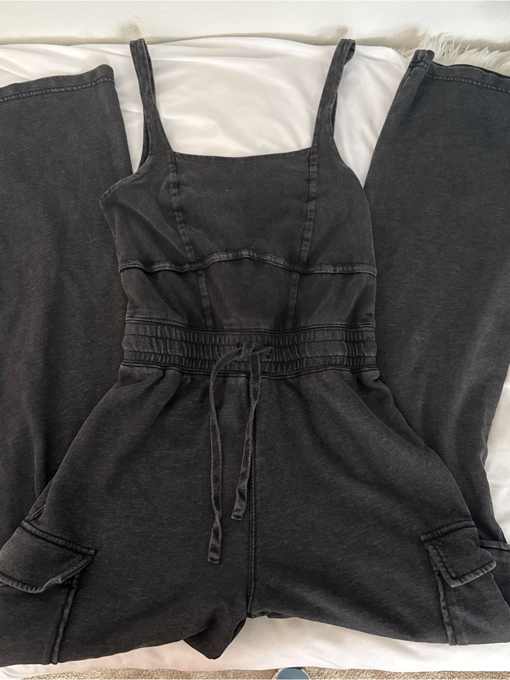 Women's Washed Black Cargo Pocket Jumpsuit with Drawstring Waist